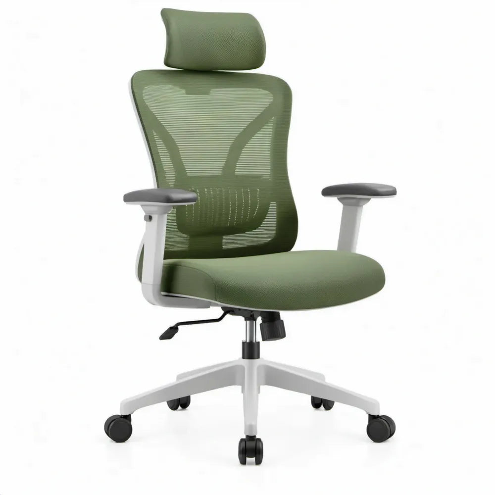 Ergonomische bureaustoel groen/wit/zwart met hoofdsteun en verstelbare armleuningen, 66 x 66 x 116-126 cm