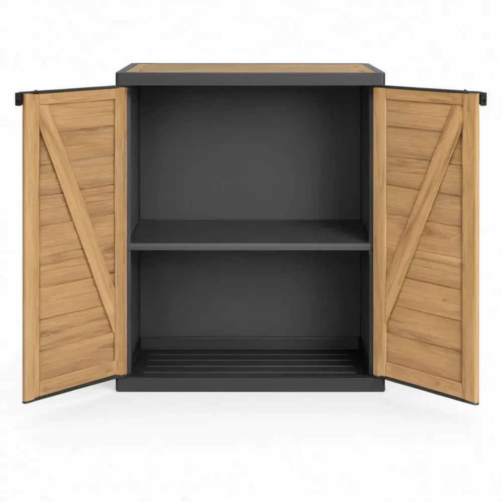 Opbergkast met 2 deuren van teakhout en aluminium – 100 x 45 x 100 cm – Zwart/Naturel