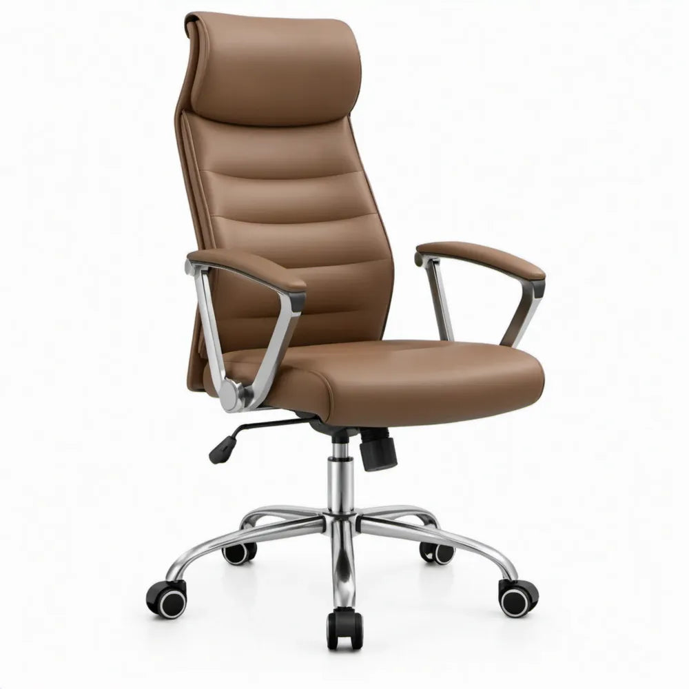 Ergonomische directiestoel met hoge rugleuning, hoofdsteun en armleuningen, bruin PU-kunstleer, 65 x 65 x 118-128 cm