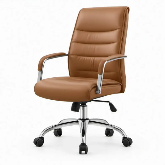Directiestoel van cognacbruin PU-leer met verchroomd stalen onderstel, 65 x 68 x 110-120 cm