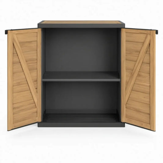 Opbergkast met 2 deuren van teakhout en aluminium – 100 x 45 x 100 cm – Zwart/Naturel