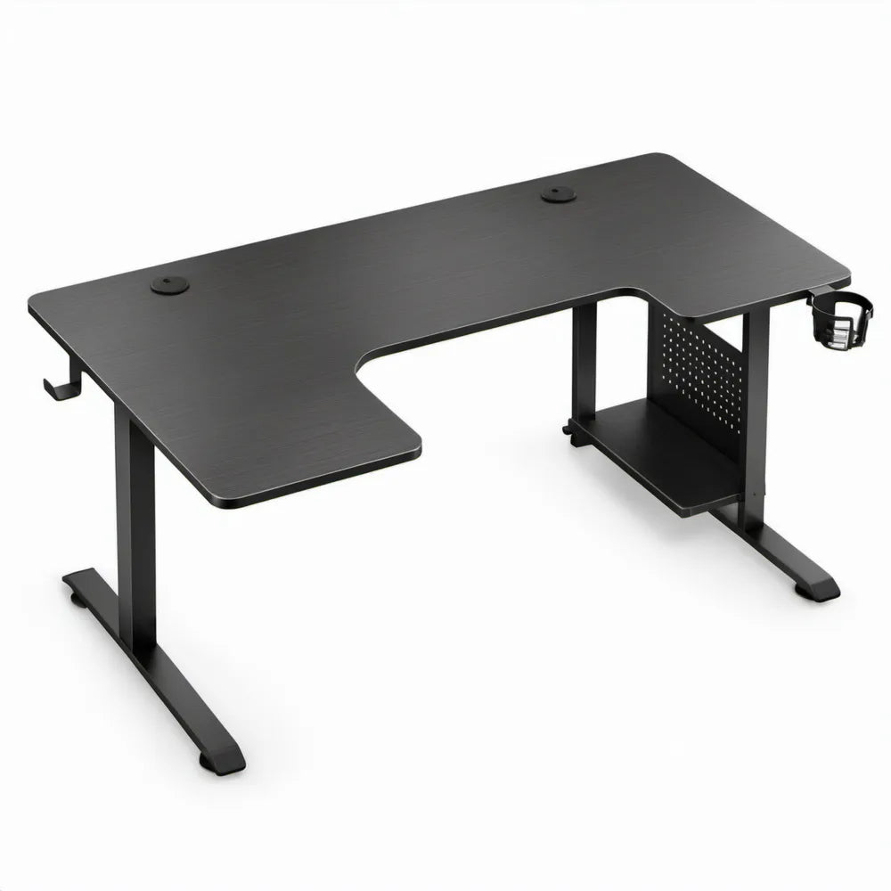 Gamingbureau 140 x 60 x 75 cm Zwart met gebogen uitsparing, bekerhouder en kabeldoorvoeren