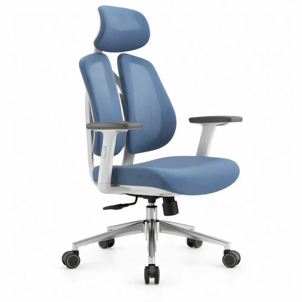 Ergonomische bureaustoel met hoofdsteun, blauw/zilvergrijs/zwart, 68 x 68 x 118-128 cm