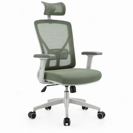 Ergonomische bureaustoel groen/grijs met hoofdsteun, lendensteun en verstelbare hoogte, 64 x 64 x 116-126 cm