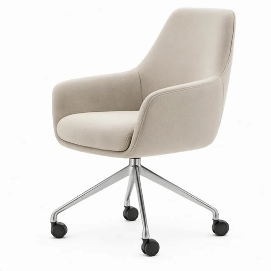 Draaibare bureaustoel met wielen, crèmekleurige polyester bekleding en aluminium onderstel, 62 x 62 x 86 cm
