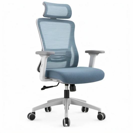 Ergonomische stoel met hoofdsteun en verstelbare armleuningen, blauwgrijs/grijs/wit/zwart, 65 x 65 x 116-126 cm